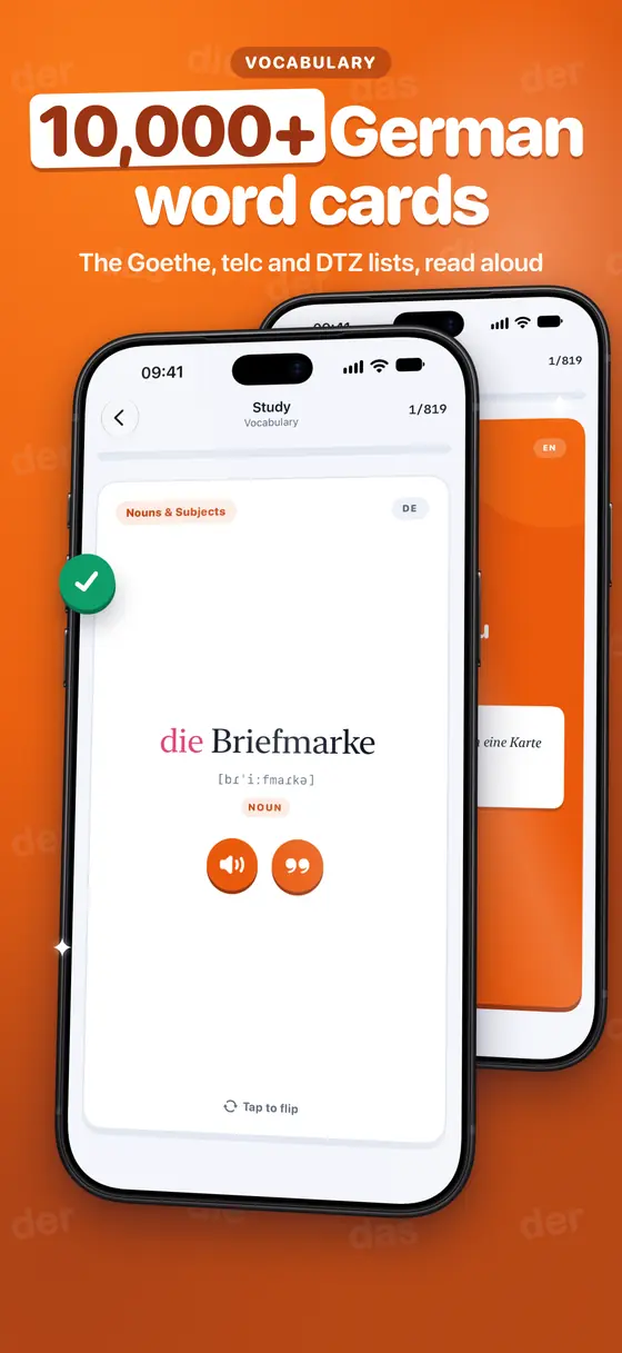 A German word card with the article, the plural and a recording.
